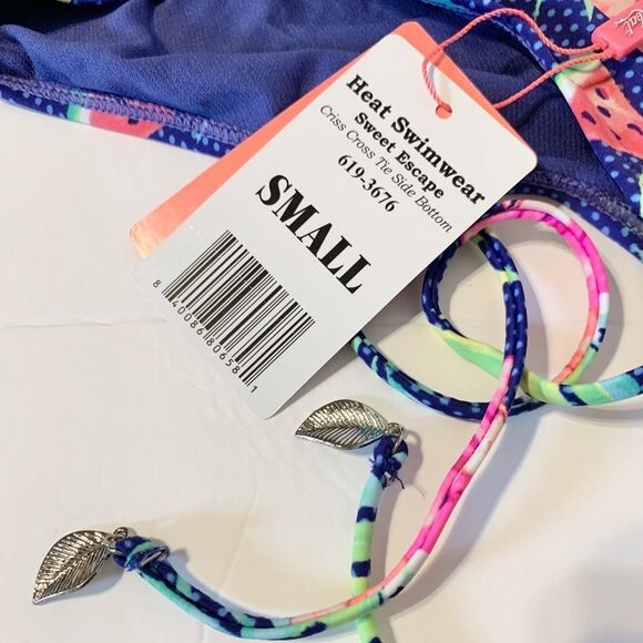 Heat Sweet Escape Tropical Watermelon Cross Tie Side String Bikini Bottoms Small - Picture 9 of 10